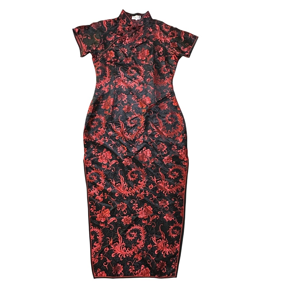 Golden Dragon Cheongsam Qipao Dress L Red Black Brocade Maxi Gothic Traditional
